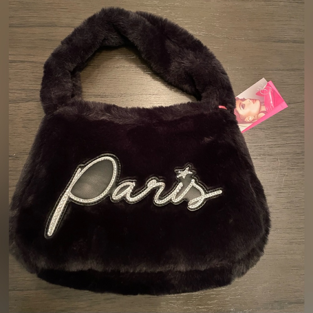 Paris Hilton Black Faux Fur Shoulder Bag with Silver Script
